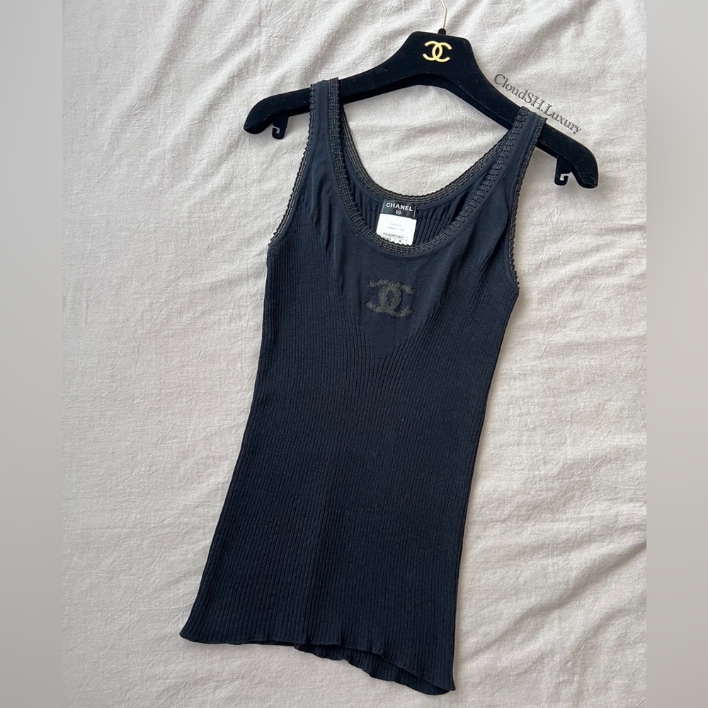 Auth Chanel Mesh CC Logo Black Knit Tank Top - Size 38